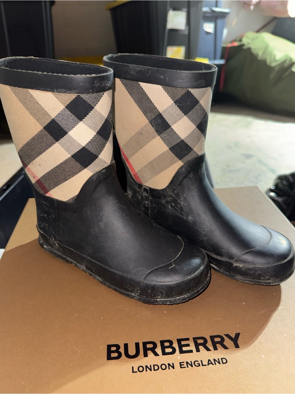 Burberry Kids Black Rubber Boots with Beige Plaid Shaft